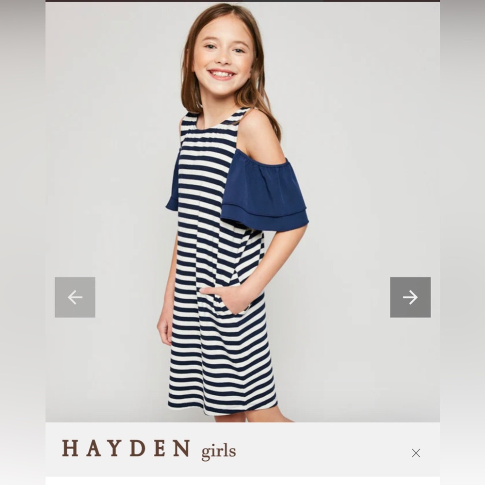 Hayden Girls Cold
shoulder stripe dress. Size YL
(10/12)